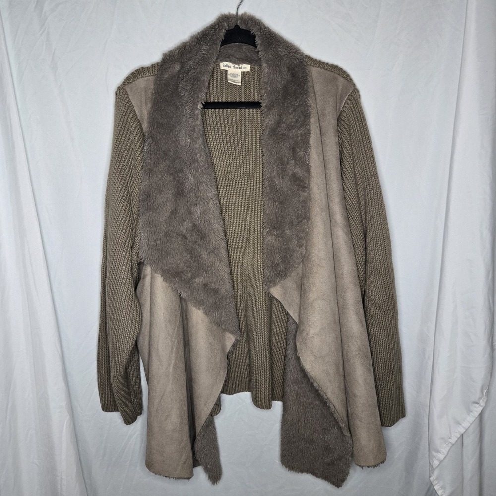Indigo Thread Co‎ Faux Fur Sweater Jacket Taupe Women's 3X Boho Coatigan